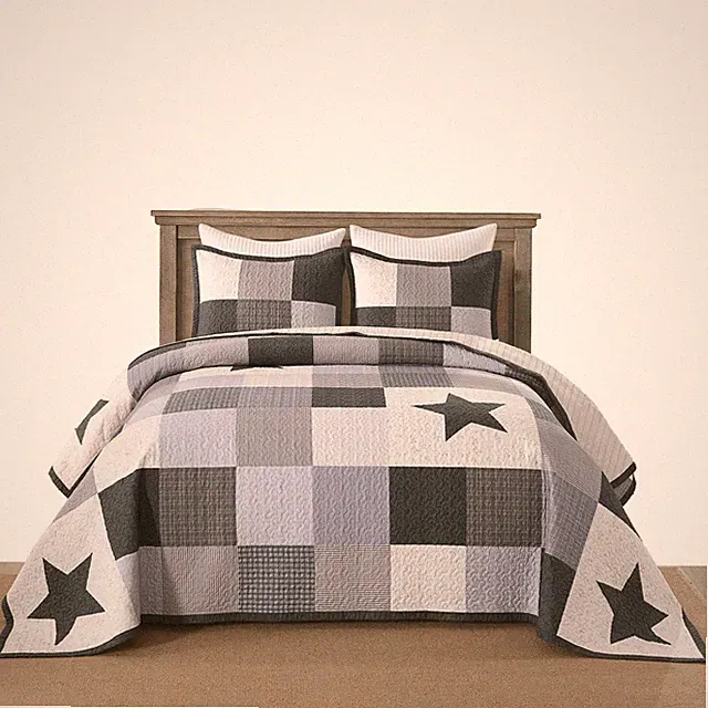 3 Pcs Cotton Modern Star Pattern Checkered Quilt Bedspread Set