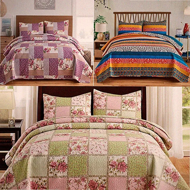 3 Piece Authentic Blooming Patchwork Quilt Set Bedspread Coverlet & Shams Queen