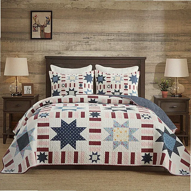 3 Pieces Quilt Set Soft Modern Style Star Rectangle Pattern Bedspread