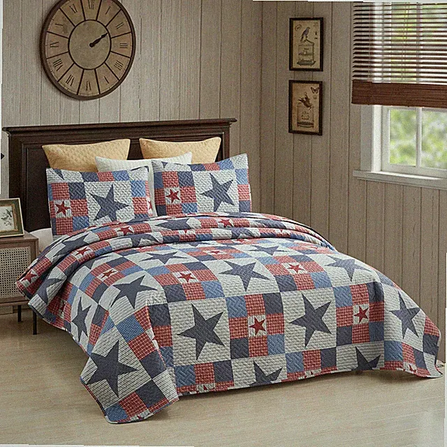3Piece Quilt Set Patriotic Stars Plaid Patchwork Bedspread Blanket w/ 2 Shams