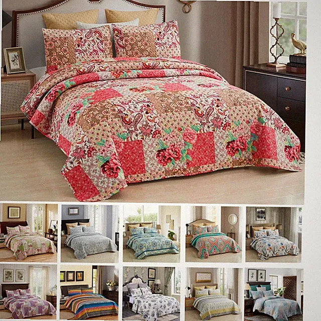 Bedspread Coverlet Set 3-Piece Oversized Bed Cover, Floral Patchwork Quilt Sets
