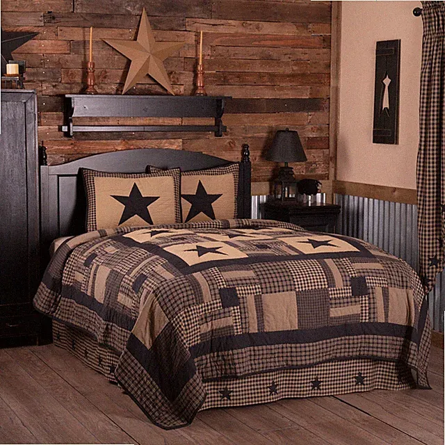 Black Check Star Queen Quilt Set 2 Shams Log Cabin Patchwork Hand Quilting