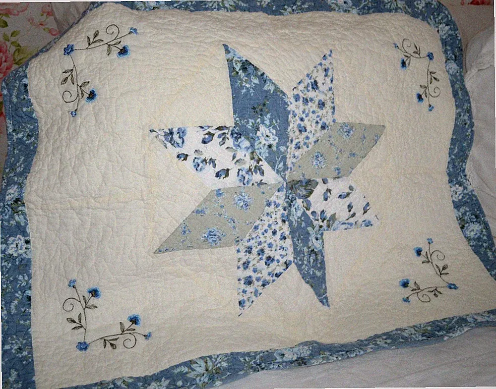 BLUE WHITE QUILTED PILLOW SHAM STAR PATTERN FLORALS EMBROIDERY Standard Cottage