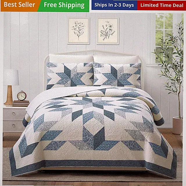 Bright Star Patchwork 3-Piece Quilt Set - Lightweight Coverlet Set, Floral Qu...