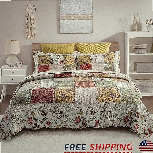 Cotton Bedspread Quilt Oversize Patchwork Soft Shams Home Decor Comfort New