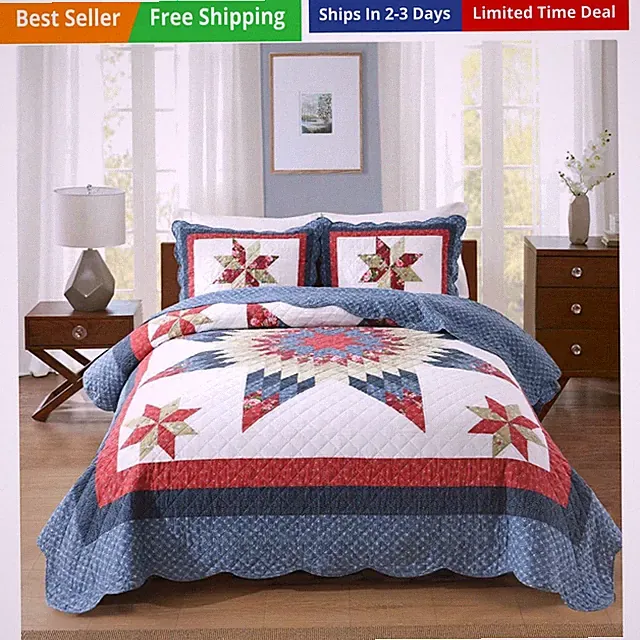 Cotton Quilt Bedding Sets 3 Pieces Soft Reversible Coverlets Luxury Star Hand...