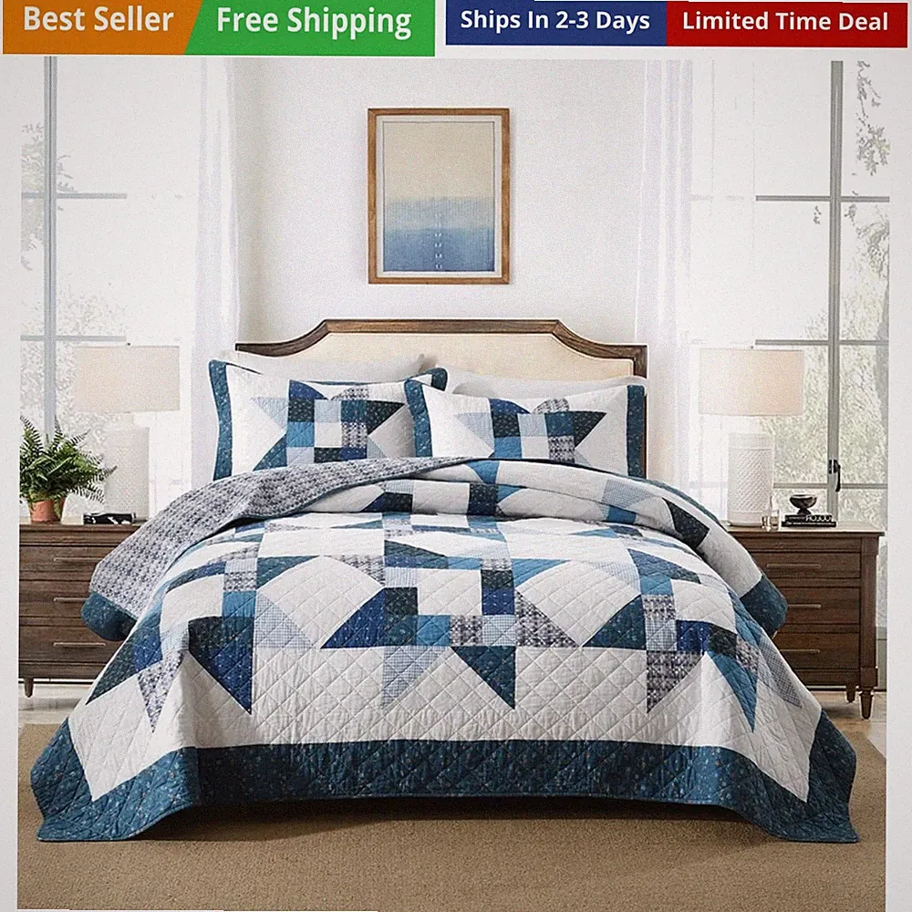 Cotton Quilt Bedding Sets 3 Pieces Soft Reversible Coverlets Luxury Star Real...