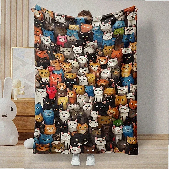 Cute Kitty Flannel Blanket Soft Warm Plush Throw Home Decor Gift