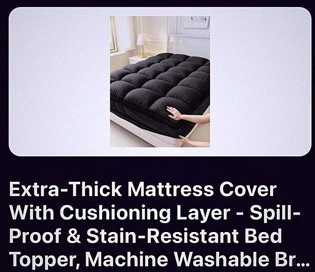 Extra-Thick Black Mattress Topper Spill-Proof Stain Resistant Cushioning Layer
