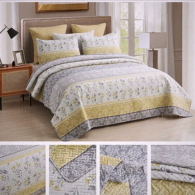 Farmhouse Quilt Set Lightweight Reversible Bedspread Grey & Yellow Coverlets Bed