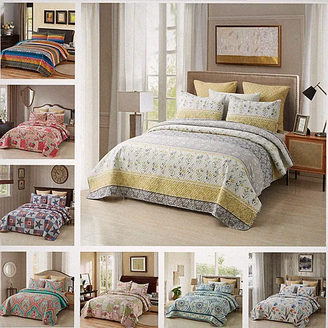 Floral Patchwork Boho Style Quilted Reversible Coverlet All Season Bedspread Set