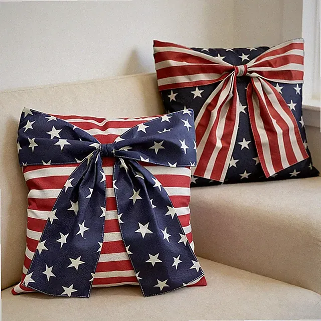 Independence Day Bow-Knot Pillow Cover Star Stripes Pattern Patriotic Pillowcase
