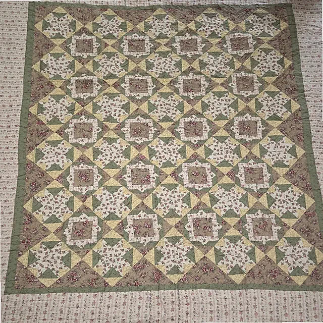 King Size Patchwork Quilt 105" x 95" Green Beige Floral Star Blocks 100% Cotton