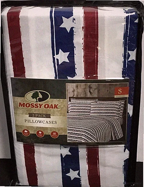 MOSSY OAK STARS~STRIPES PILLOWCASES (2) STANDARD Patriotic Red White & Blue NIP