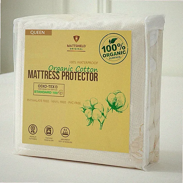 Organic Waterproof Mattress Protector Queen - Breathable Cotton Fitted Cover