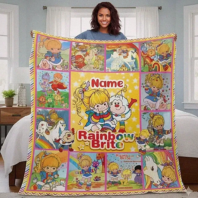 Personalized 80s Rainbow Star Flannel Blanket Custom Gift