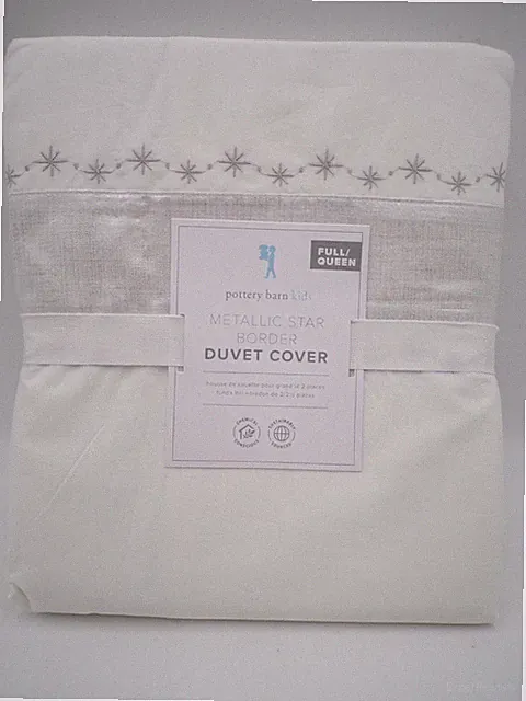 Pottery Barn Kids Metallic Star Border Duvet Cover Full Queen White Silver 6778B