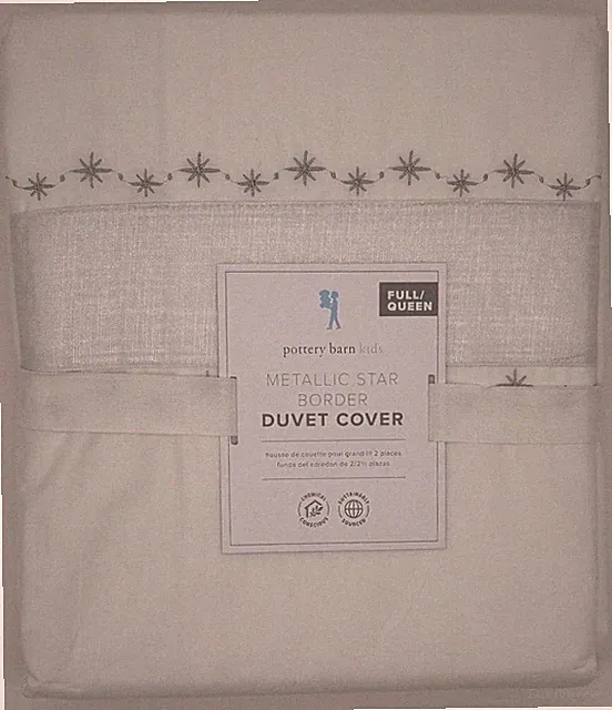 Pottery Barn Kids Metallic Star Border FULL / QUEEN Duvet Cover ~ White / Silver
