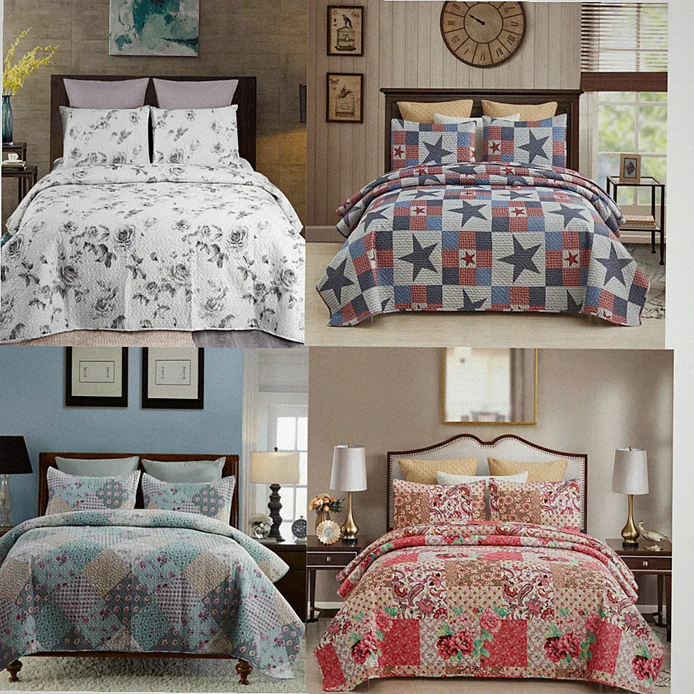 Queen King Quilt Set 3PCS Star Printed Lightweight Bedspread Bedding Pillow Sham
