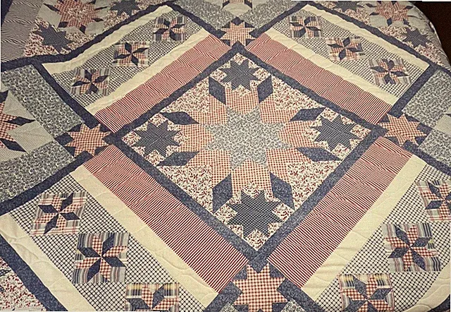 Quilted Coverlet Bedspread Red White Blue Star Pattern 86"x86"