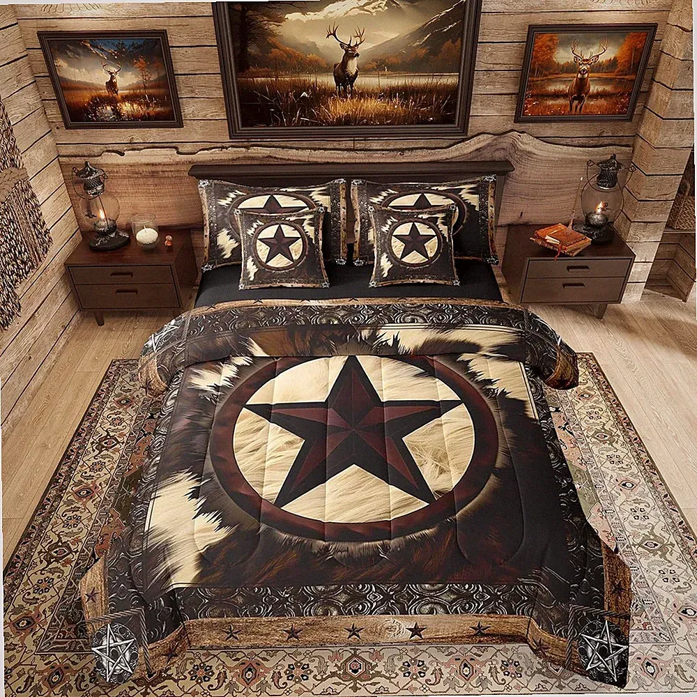 Rustic Cow Comforter Set Queen Size - Western Texas Star Bedding Set