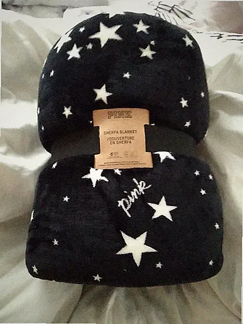Victoria Secret Pink Sherpa Blanket Black & White Stars Rare Last One 60x72