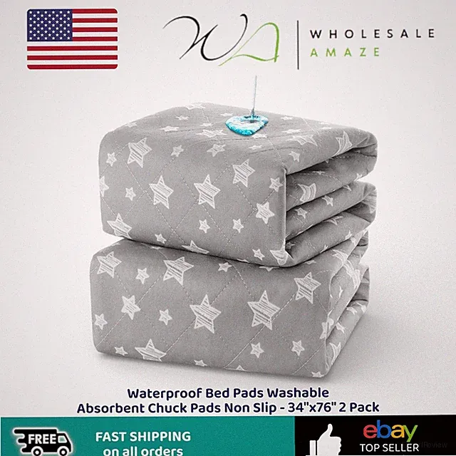 Waterproof Bed Pads Washable Absorbent Chuck Pads Non Slip - 34"x76" 2 Pack